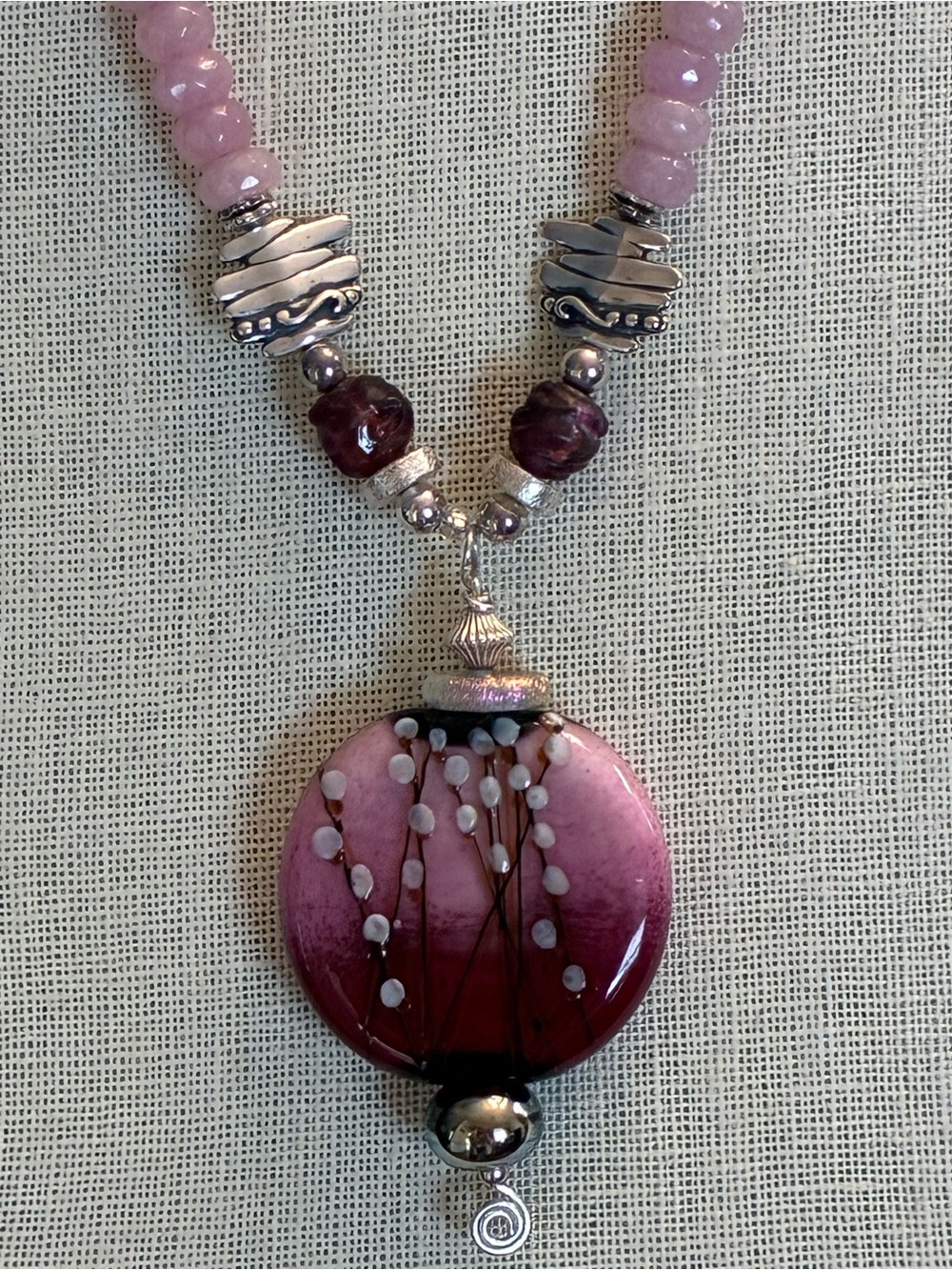 Handmade Pink Pendant & Garnet  Necklace with Gemstones and Sterling Silver